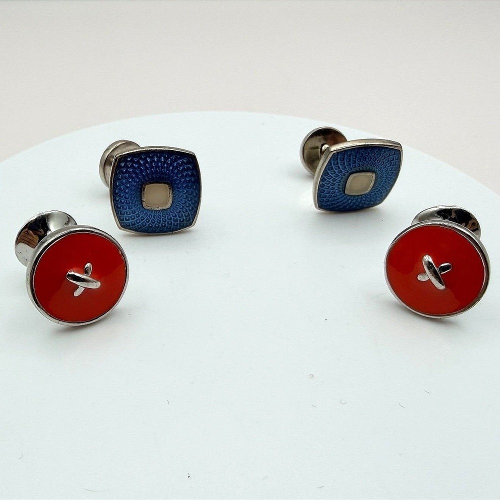 Vintage 90s Silver Tone Men Cufflink Stud Set Blue Red Enamel Jewelry‎